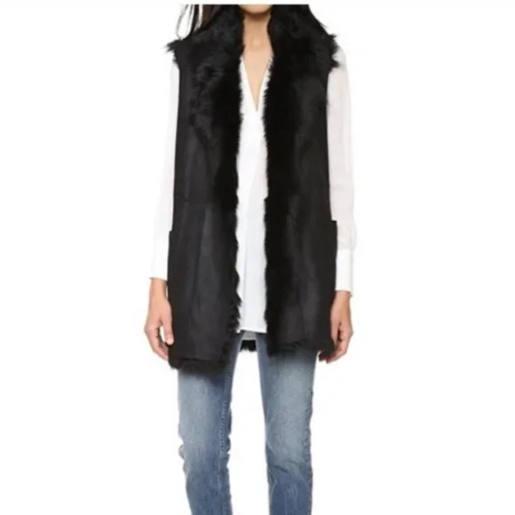 Reversible VINCE Shearling Fur Leather Vest - Picture 11 of 12